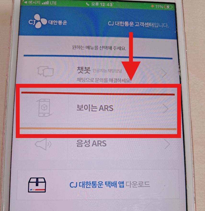 CJ대한통운 택배 조회 방법 – 운송장 번호 없이 휴대폰 번호로 찾기 - 방법 1: 전화 앱으로 CJ대한통운 보이는 ARS 연결하기 - 6. '보이는 ARS' 메뉴 선택하기 CJ대한통운 택배 조회 방법 – 운송장 번호 없이 휴대폰 번호로 찾기