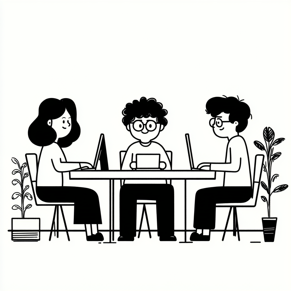 사무실에서 함께 노트북으로 작업하며 대화하는 세 명의 사람들, 커리어와 일에 대해 논의하는 협업의 모습