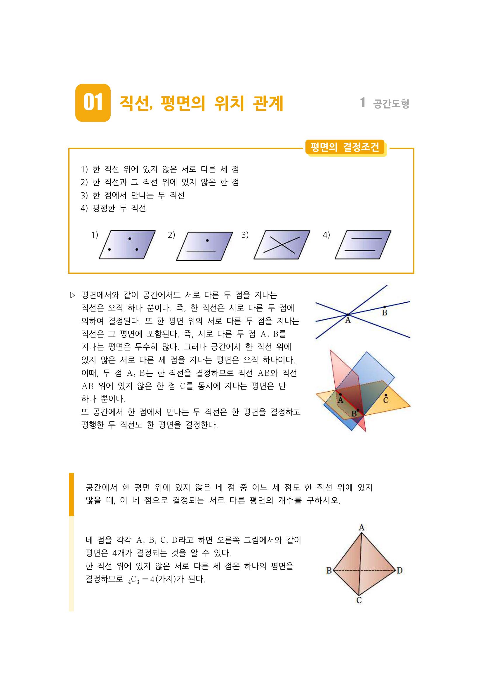  평면의 결정조건,공간에서두 직선의 위치관계(만남,평행,꼬인위치), 직선과 평면의위치관계(포함,한점,평행),평면과평면의위치관계(만남, 평행,일치)