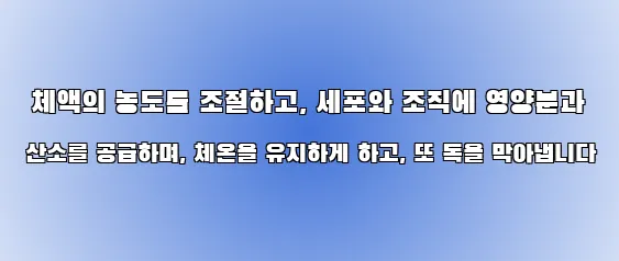  체액의 농도를 조절하고, 세포와 조직에 영양분과 산소를 공급하며, 체온을 유지하게 하고, 또 독을 막아냅니다