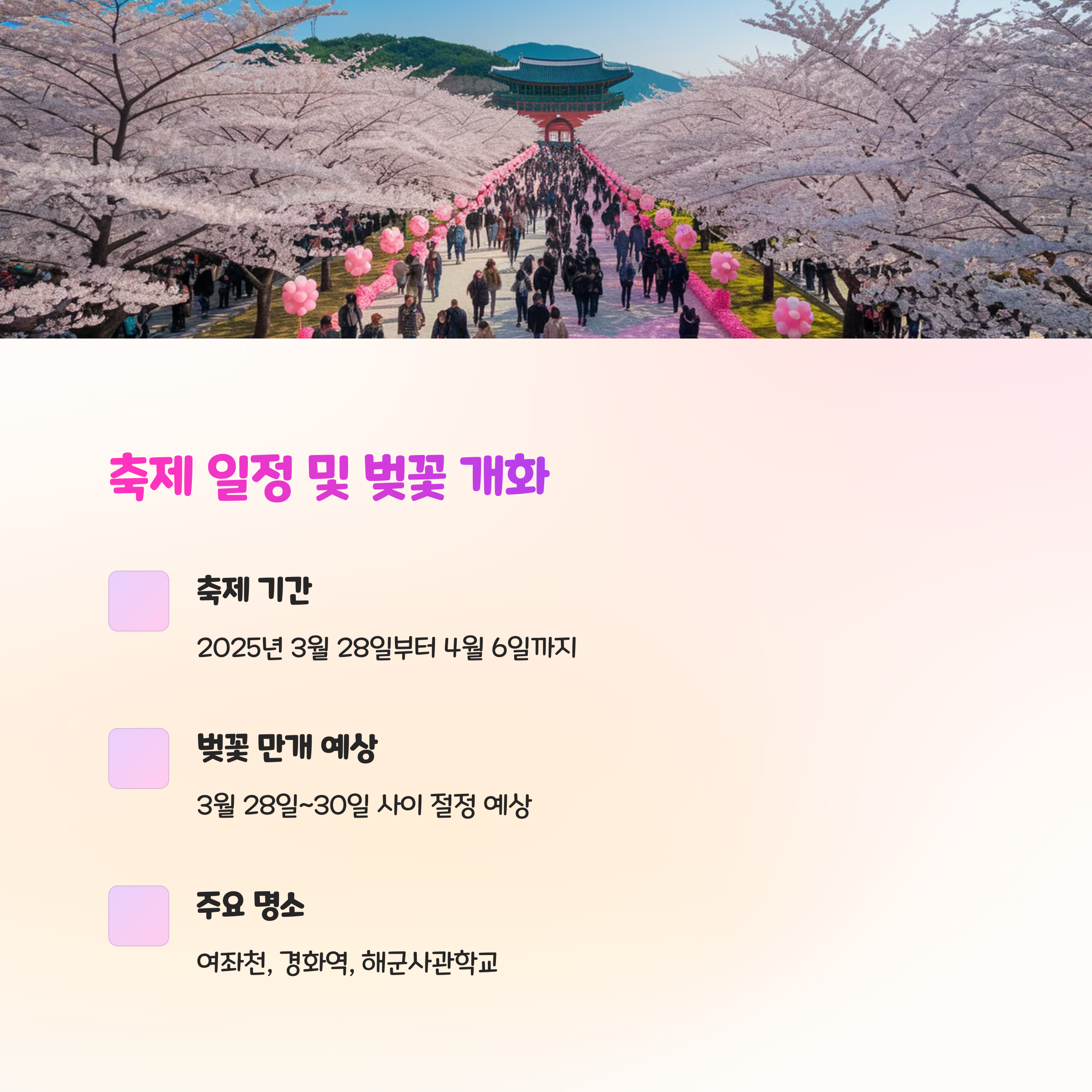 벚꽃, 지금이 딱 좋아 🌸
2025 진해군항제 일정&포인트 총정리!
