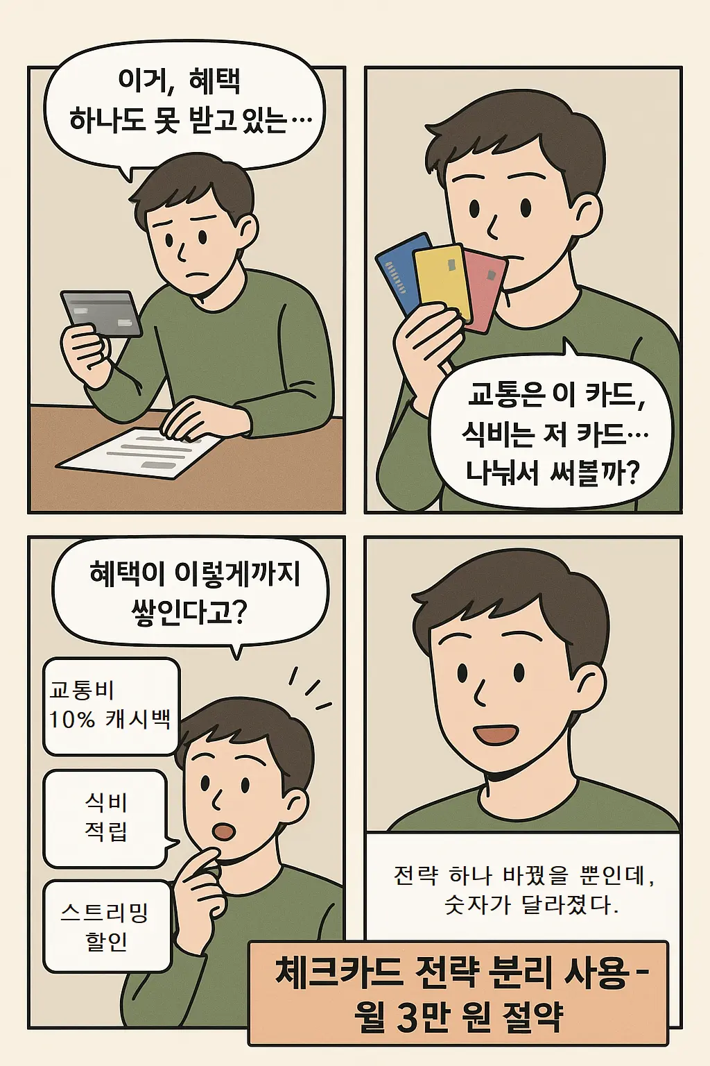 식비, 교통비, 구독료를 분리해 체크카드를 전략적으로 활용해 절약하는 과정을 표현한 네컷 만화