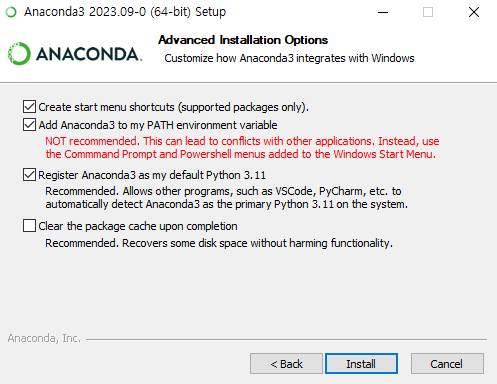 아나콘다의 경로를 컴퓨터 환경 변수의 PATH에 추가할지 여부 설정