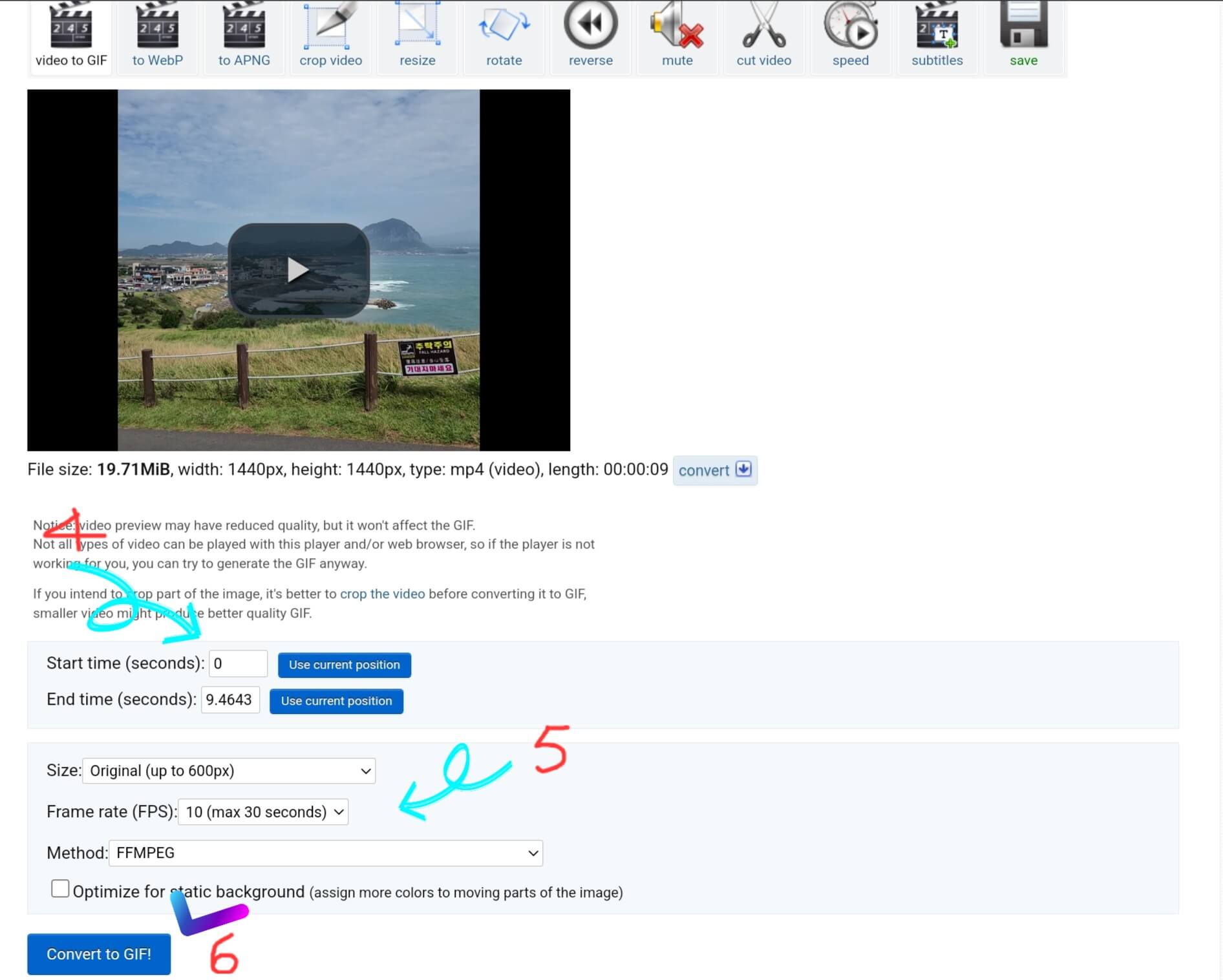 GIF 파일 만들기전 최종 설정 장면. 사이즈,FPS등을 설정한다