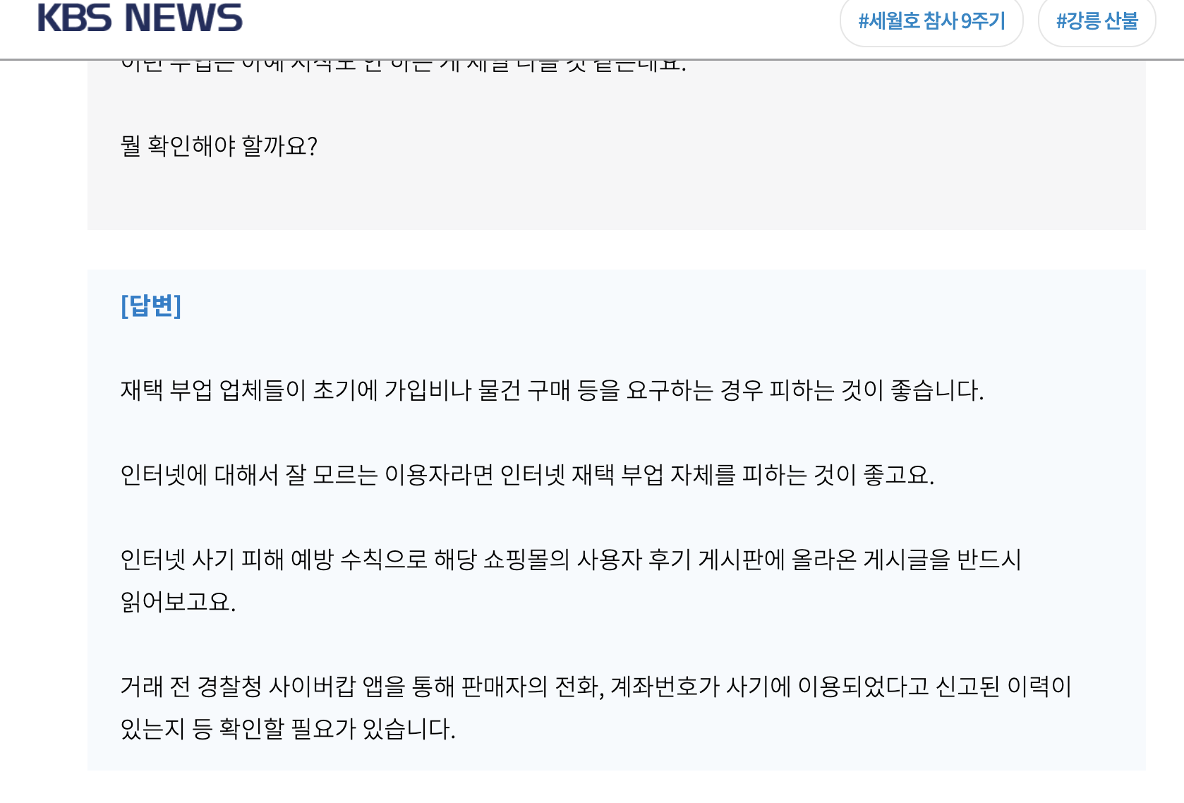 KBS News 부업 초기비용 관련 뉴스기사
