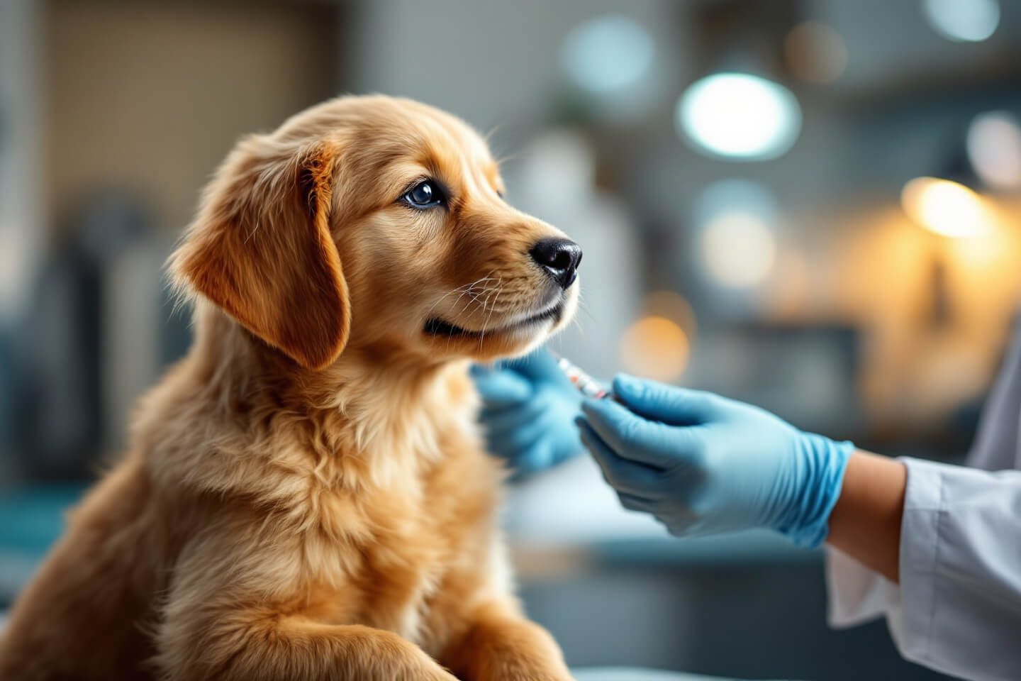 A cute golden retriever puppy receiving a vaccination shot at a veterinary clinic