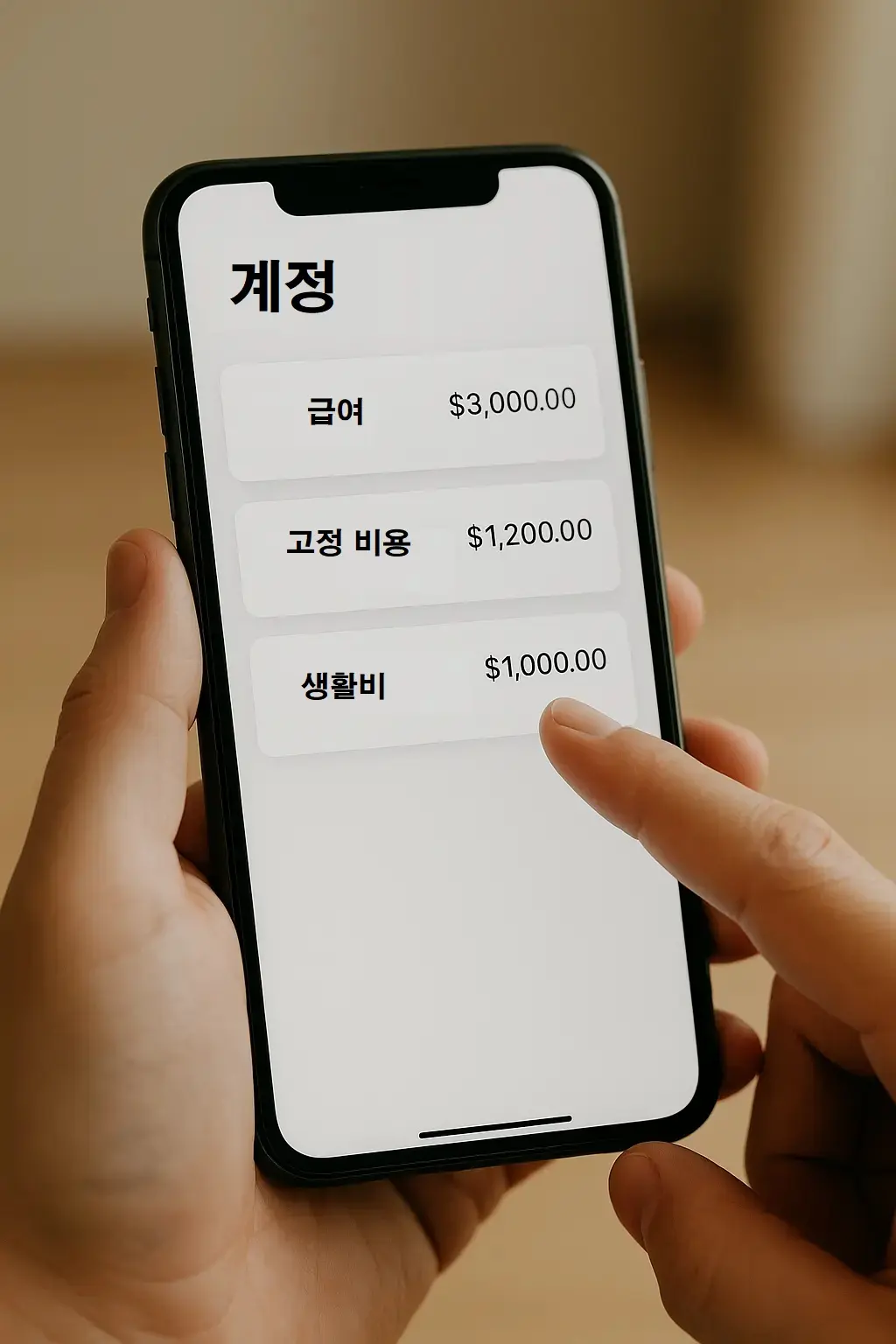 모바일 뱅킹 앱 화면에 급여, 고정비, 생활비 계좌가 분리된 모습