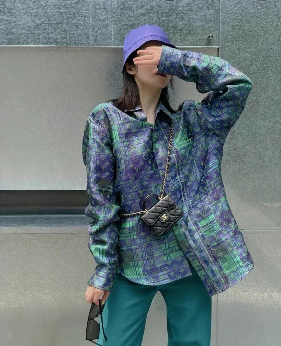  [LOUIS VUITTON] 루이비통 모노그램 네온 체크 오버사이즈 비즈니스 셔츠 1A97EA