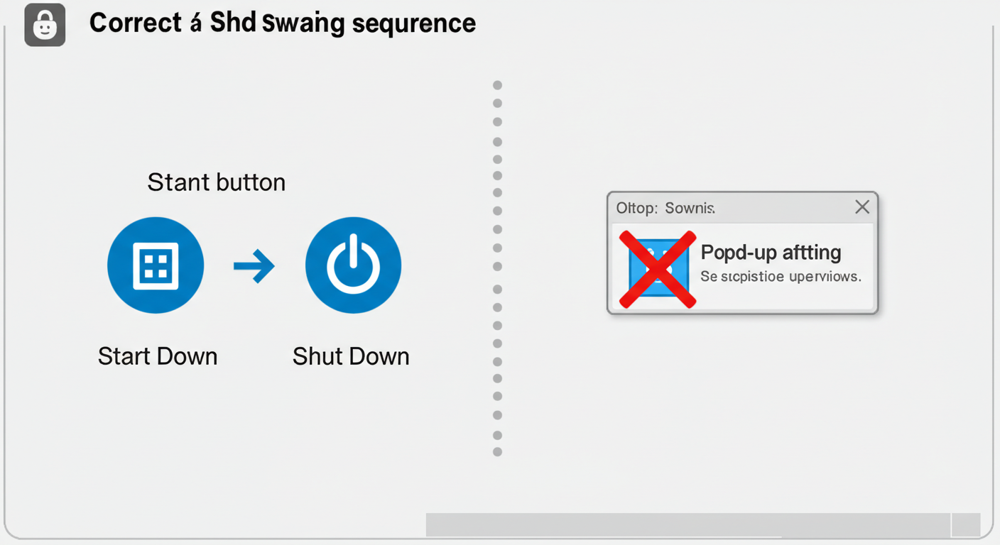 (Image Prompt: Simple graphic showing the correct Windows shutdown sequence: Start Button -> Power Icon -> Shut Down option. Alongside it, a red 'X' symbol over a suspicious-looking pop-up window with a warning message. Style: Clear warning graphic.)