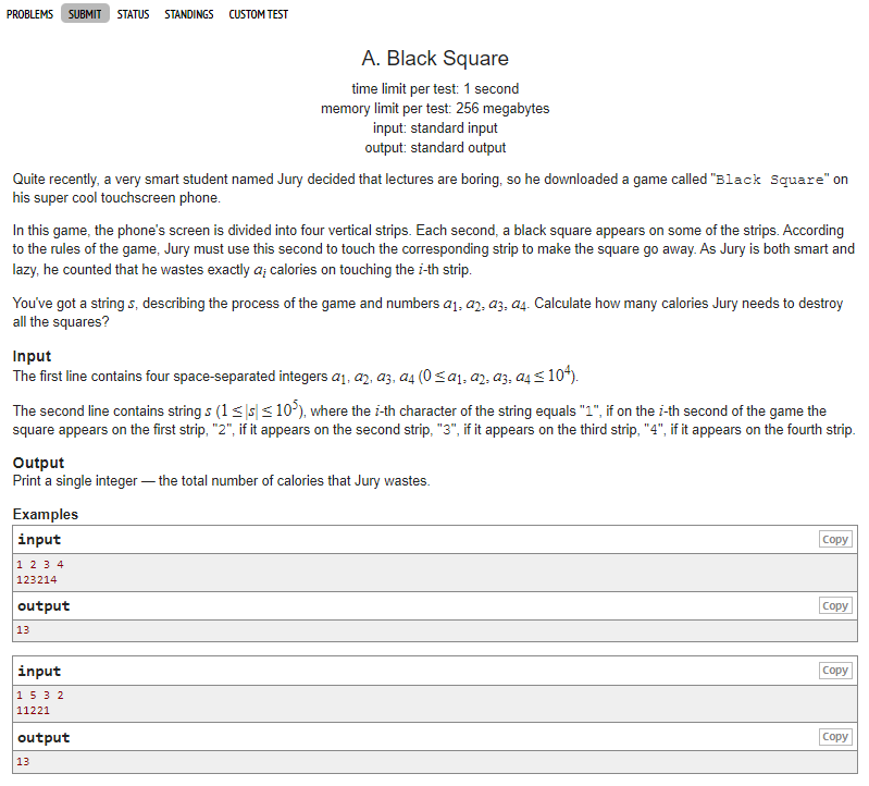  [Codeforces]  431A: Black Square