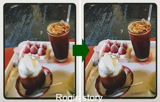 Galaxy-Z-Fold-3에서-AI-사진-리마스터-기능을-이용해-흔들림이-있는-상태로-촬영된-카페-음식-사진을-보정하기-전후-모습