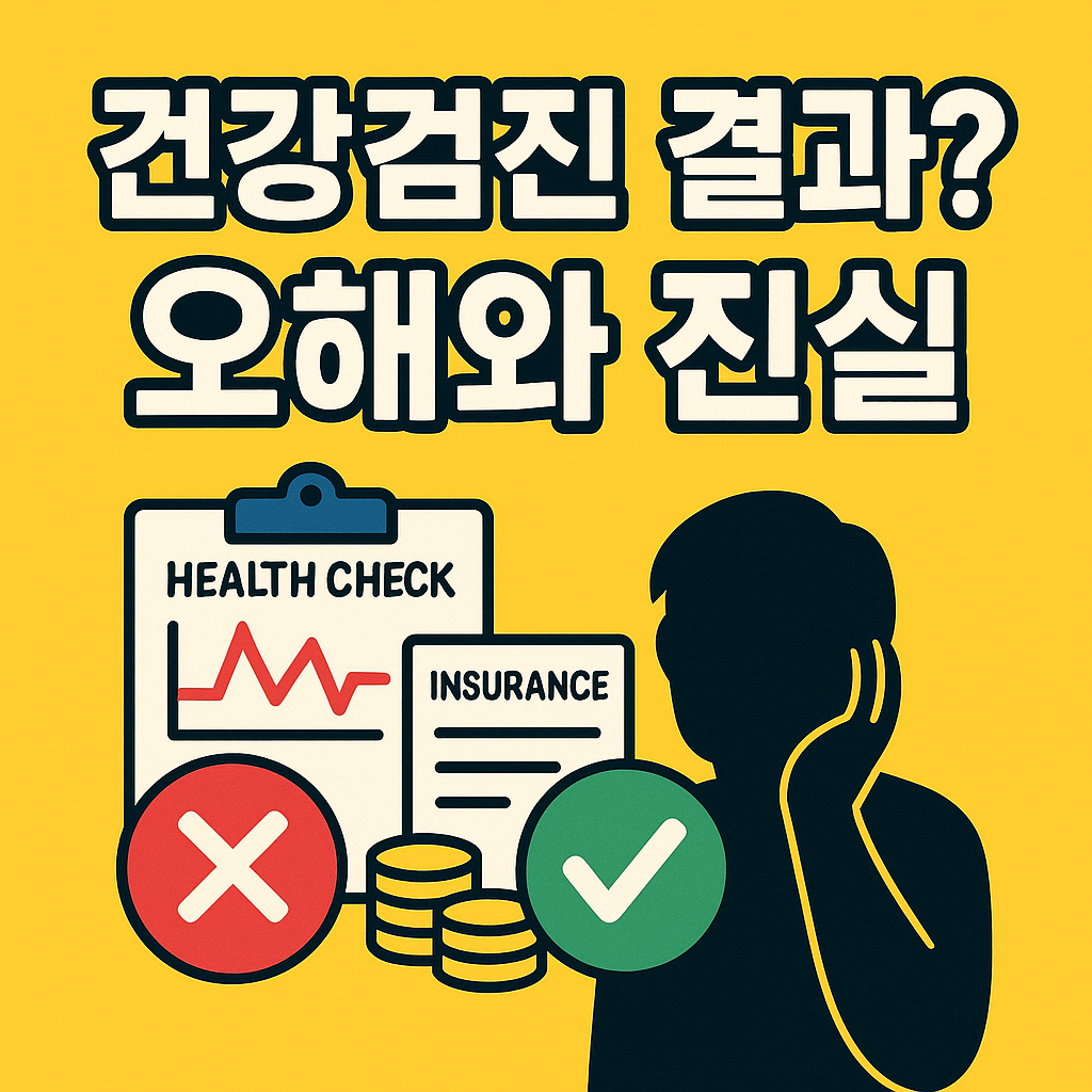 고대비 텍스트 ‘검진→NO?’와 건강검진 리포트 아이콘, 보험 서류 아이콘, 붉은 X 및 녹색 O 심볼이 강조된 2D 일러스트 썸네일 이미지