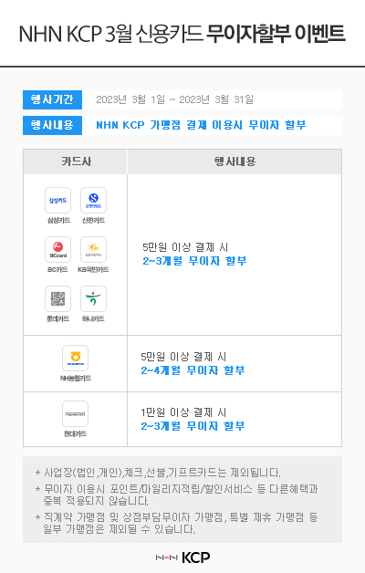▲ NHN KCP 3월 신용카드 무이자할부 이벤트