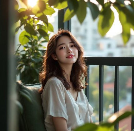 베란다에서 쉬고 있는 여성의 모습 예시 사진