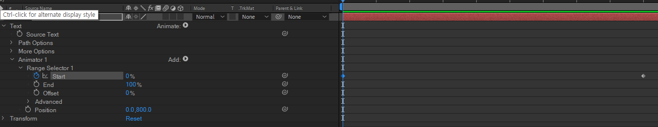 start옵션을 0~ 100까지 키프레임을 잡은 모습