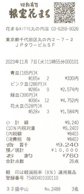 回転寿司 根室花まる영수증