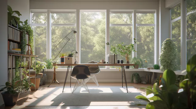 Interior Design&#44; a perspective of a study&#44; modernist&#44; large windows with natural light&#44; Light colors&#44; plants&#44; modern furniture&#44; modern interior design --v 5 --ar 16:9