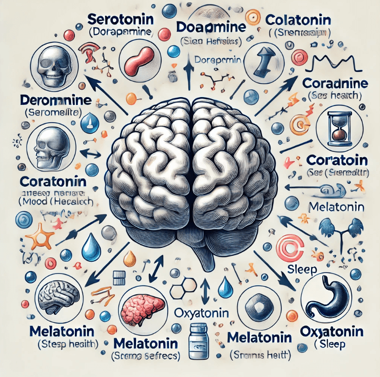 세로토닌 , 도파민 , 코르티솔 , 멜라토닌 , 옥시토신과 같은 호르몬이 뇌에 미치는 영향을 보여주는 호르몬과 정신 건강의 연관성을 묘사한 그림