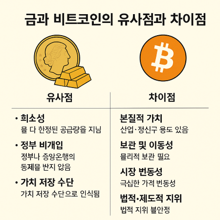 금과 비트코인의 유사점과 차이점을 비교한 한국어 인포그래픽, 왼쪽에는 금화와 금괴 그림과 함께 유사점 설명, 오른쪽에는 비트코인 로고와 차이점 나열.