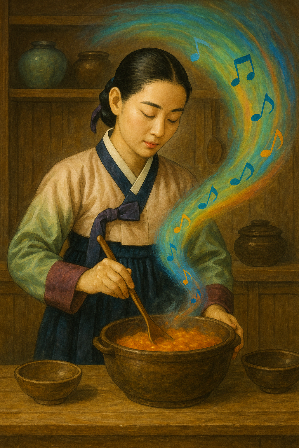 한복을 입은 대장금이 요리하고 있다