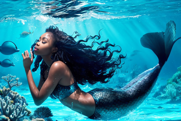 SD- realistic beautiful black princess&#44; black mermaid princess with fins&#44; (mermaid tail)&#44; wet hair&#44; floating hair