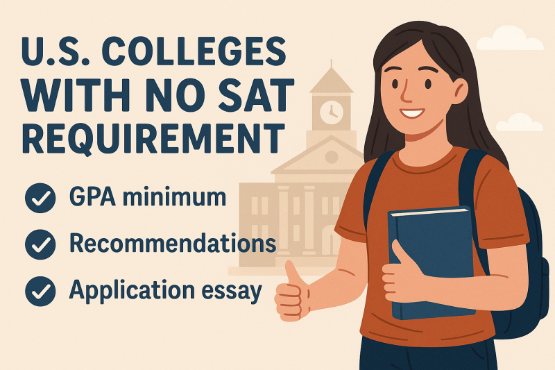 Illustration of a smiling student holding a book in front of a U.S. college building with a checklist showing GPA minimum, recommendations, and application essay.