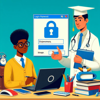 의대 졸업생이 학생과 함께 보안 로그인 화면을 보고 있는 모습.