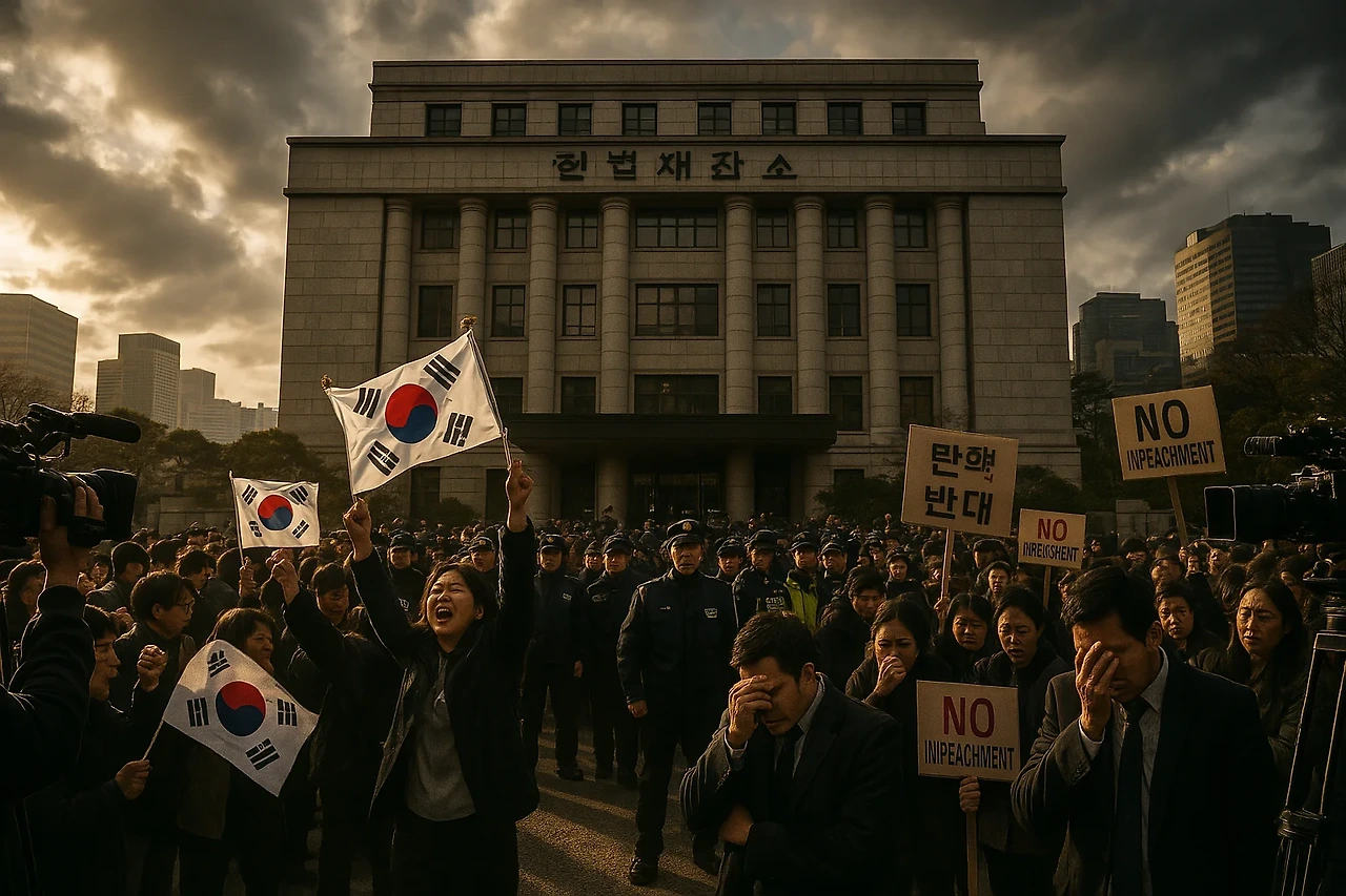 탄핵 결정 후 헌법재판소 앞에 모인 시민들