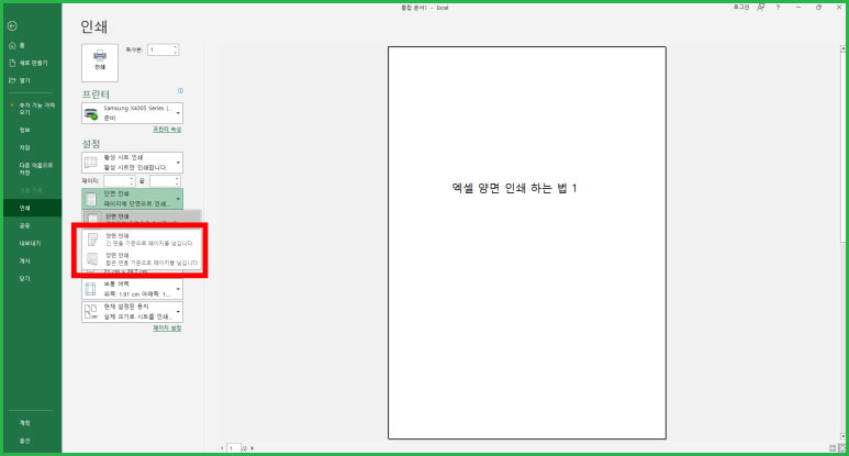 엑셀 양면 인쇄 방법