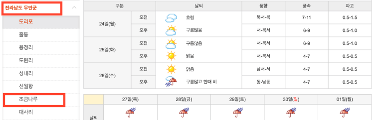 무안 8월 물때 시간표