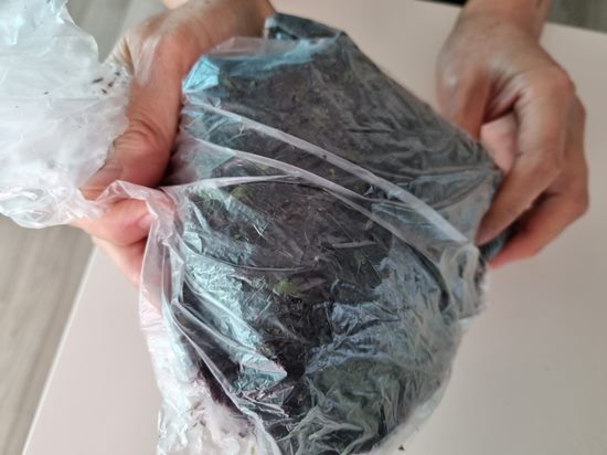 미역을 비닐봉지에 담아 부스에 담는다.