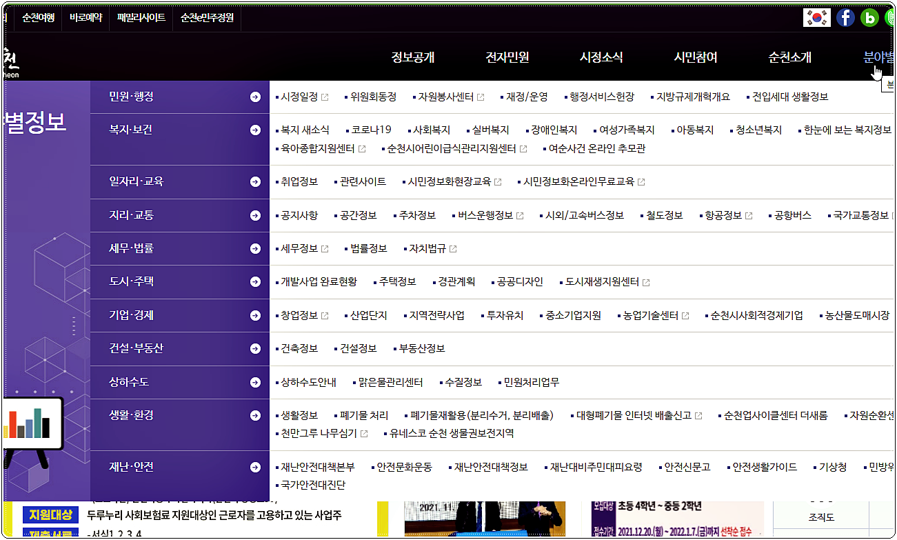 순천시청 홈페이지 메뉴 - 분야별정보