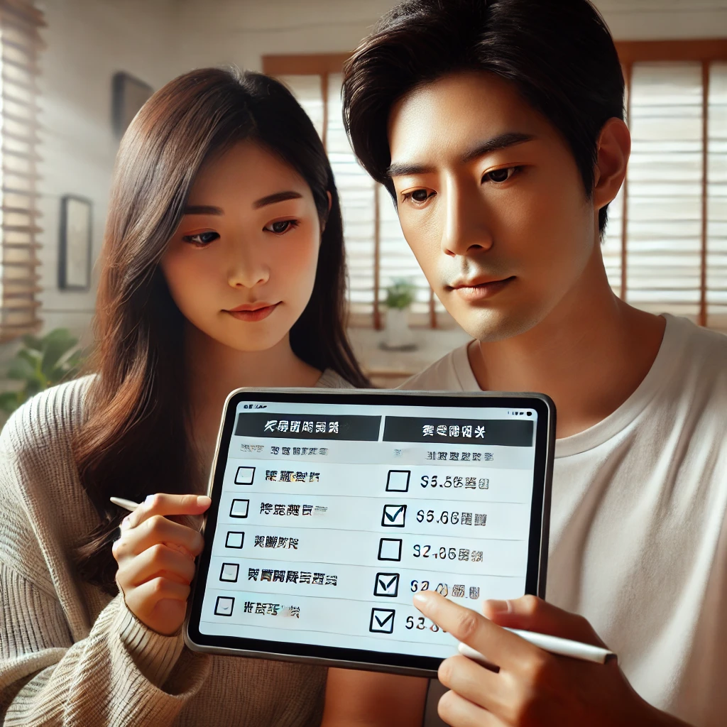 태블릿 화면에 체크박스를 보여주며 근로&middot;자녀장려금을 선택 중인 아시아인 부부