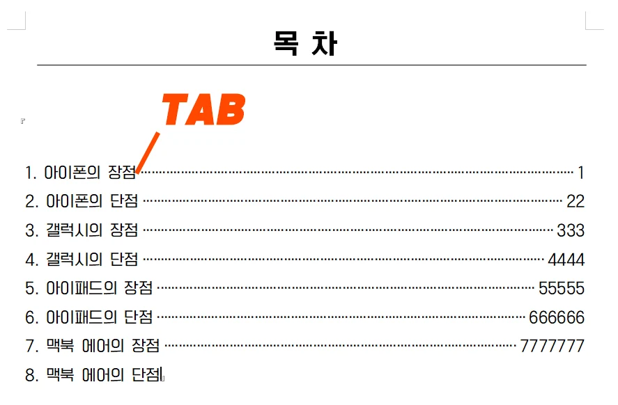 한글에서 목차 점선을 탭 키를 눌러 입력하고 문장 끝에 페이지를 표시한 모습