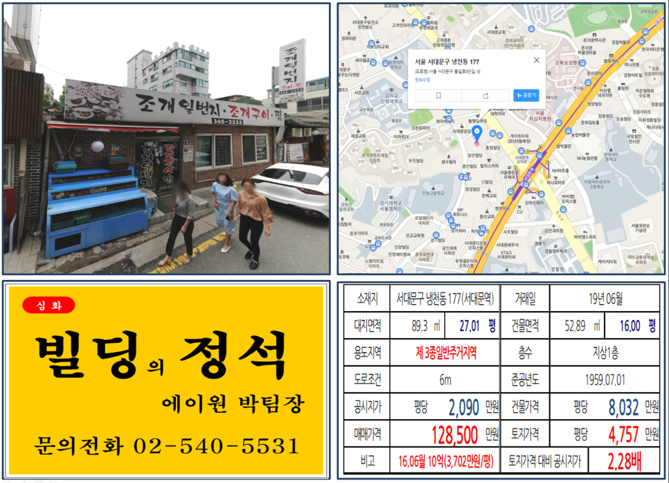  [서대문구 북아현3구역 꼬마빌딩 실거래가 조회] 냉천동 177 (서대문역) 12.85억 원, 평당 4,757만 원, 서울 역세권 10억 재개발지