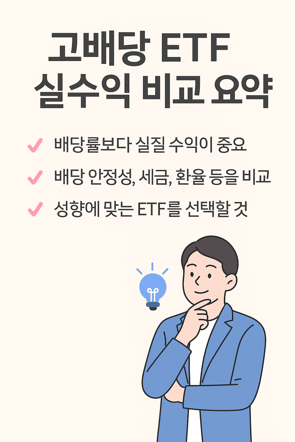고배당 ETF 실수익 비교 요약 인포그래픽 - 배당률보다 실질 수익, 배당 안정성·세금·환율 비교, 투자 성향에 맞는 ETF 선택 가이드