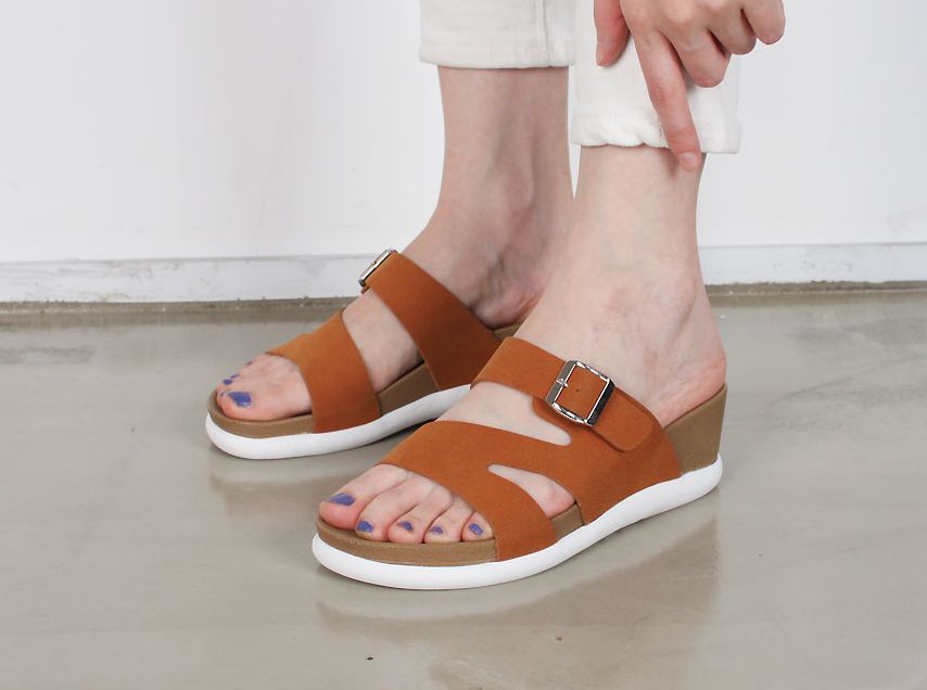  발등 벨트 장식 제트 밴딩 5 cm 웨지 힐 슬리퍼 뮬