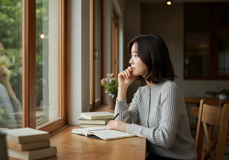 도서관이나 조용한 카페 창가에 앉아 멍하니 창밖을 바라보는 20대 후반 여성. 책상 위에는 펼쳐진 책과 노트가 있지만 집중하지 못하는 모습. 차분하지만 내면은 복잡해 보이는 분위기.