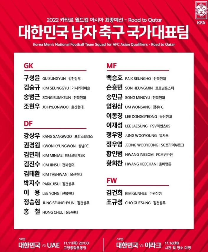 대한민국-대표팀-라인업