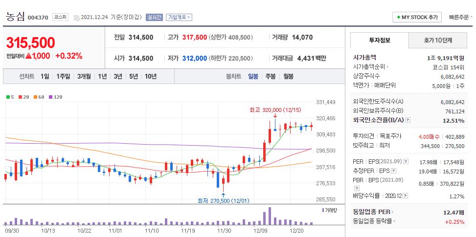 농심 차트(일봉)