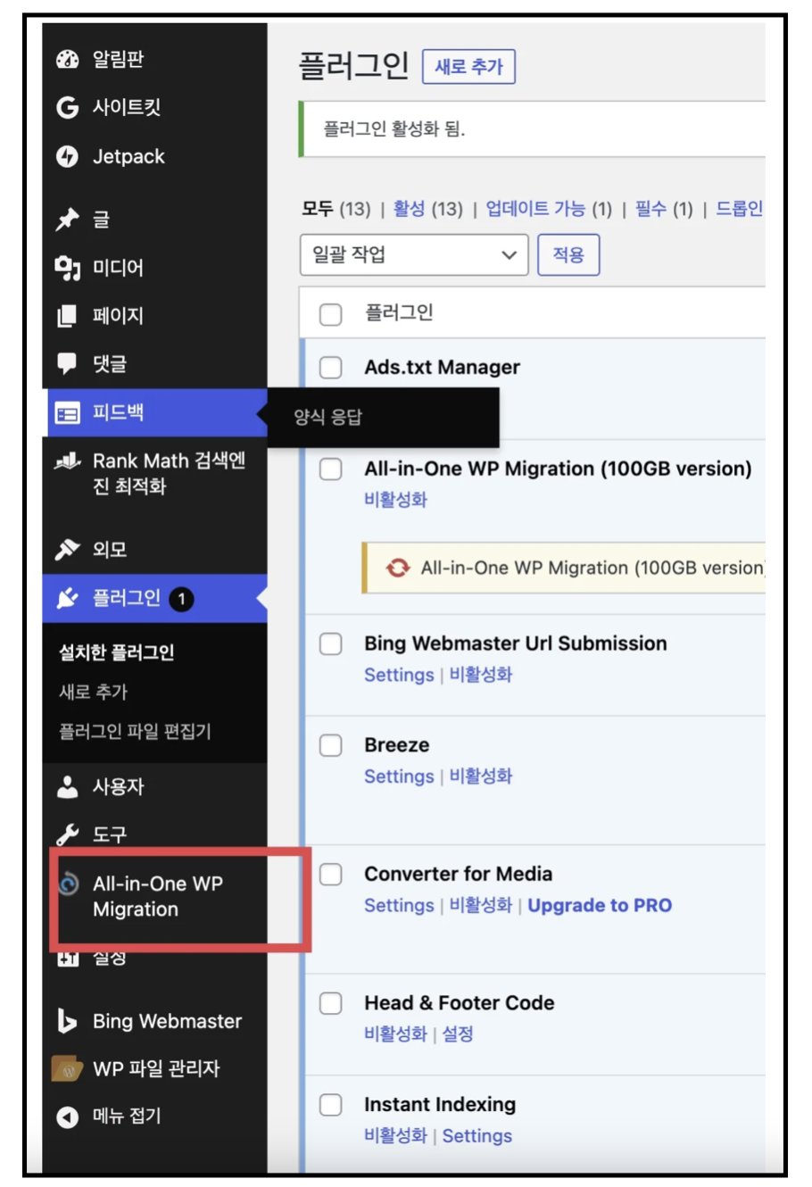 플러그인 활성화