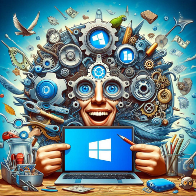 기어 장치로 구성된 머리를 가진 인물이 윈도우 화면을 들고 있는 모습