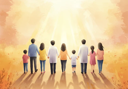 환자, 가족, 의료진, 연구진 등 다양한 한국인이 포함된 사람들이 서로 손을 잡고 밝은 빛을 향해 함께 걸어가는 모습을 그린 따뜻한 색감의 희망적인 일러스트레이션.