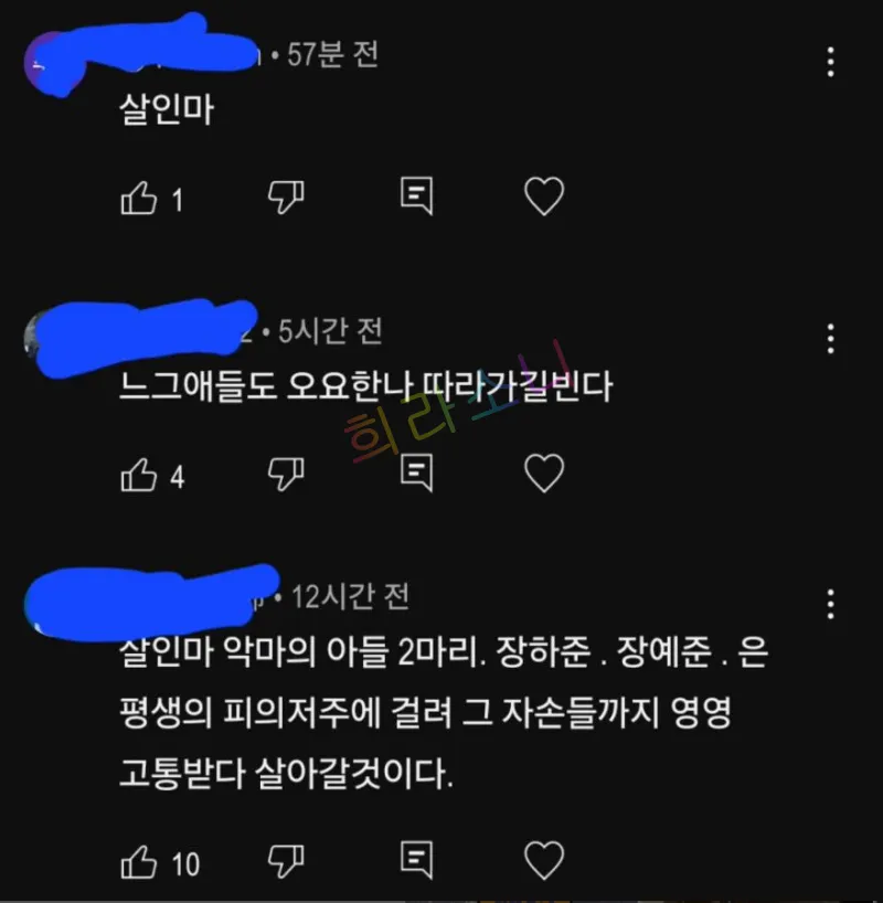 온라인 댓글 창에서 악성 댓글들이 보이는 이미지. 댓글 내용 중 일부는 &amp;quot;살인마&amp;quot;&amp;#44; &amp;quot;느그 애들도 요요하나 따라가길 빈다&amp;quot;&amp;#44; &amp;quot;살인마 악마의 아들 2마리. 장하준&amp;#44; 장예준...&amp;quot; 등의 내용이 포함됨. 사용자 프로필과 이름은 파란색으로 가려져 있음.