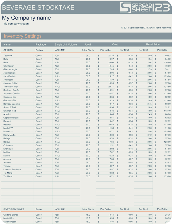 Beverage Stocktake Template 실사용 화면