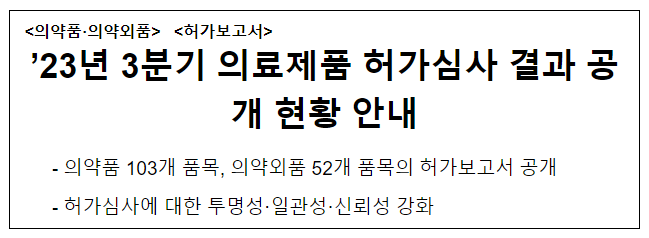  ’23년 3분기 의료제품 허가심사 결과 공개 현황 안내