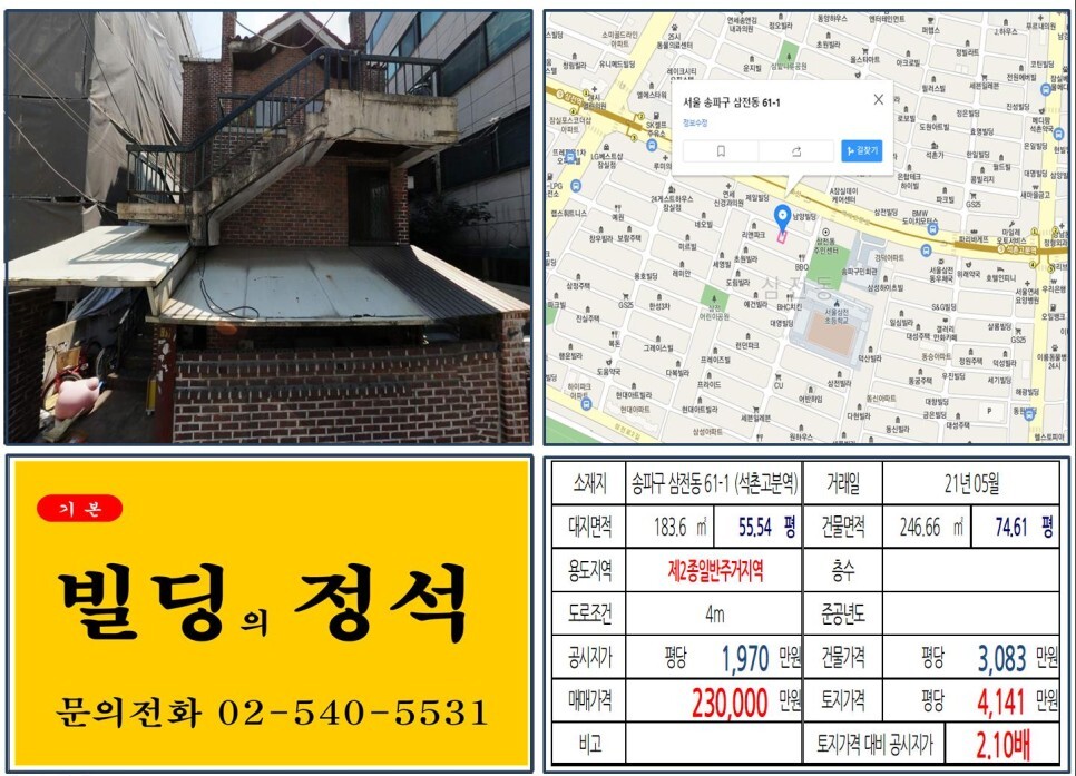  [송파구 20억 꼬마빌딩 신축부지 실거래가 조회] 삼전동 61-1 (석촌고분역) 23억 원, 평당 4,141만 원 매매되었습니다.