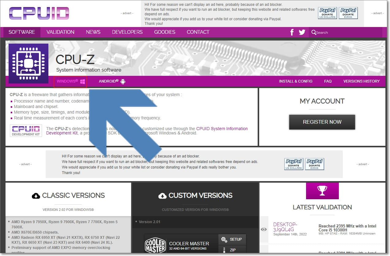 CPU-Z 다운로드 페이지에서 "WINDOWS" 버튼의 위치를 표시한 사진입니다.