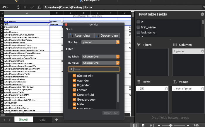 select all을 먼저 선택하고 female, male을 선택