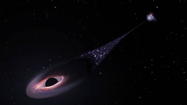 초거대 블랙홀이 은하 중심에서 떨어져 나와 엄청난 속도로 날아가는 모습의 상상도. 블랙홀이 우주 공간을 헤치고 가면서 앞에 있는 희박한 가스를 압축한다. 이로 인해 온도가 높은 파란 별들이 새로 태어난다. 이 그림은 허블 우주망원경이 블랙홀 뒤로 이어진 20만년 광년 길이의 별 &lsquo;항적운&rsquo;을 관측한 것을 토대로 했다